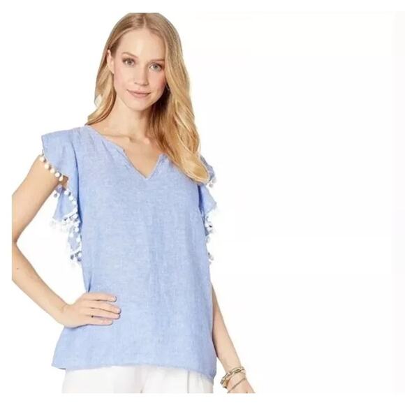 Lilly Pulitzer Astara Linen Pom Pom Top - Beckon Blue - Size M - Picture 1 of 15
